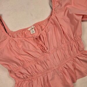 HM Pink Puff Sleeve Peplum Top Smocked Waist Square Neck Tie Front XL